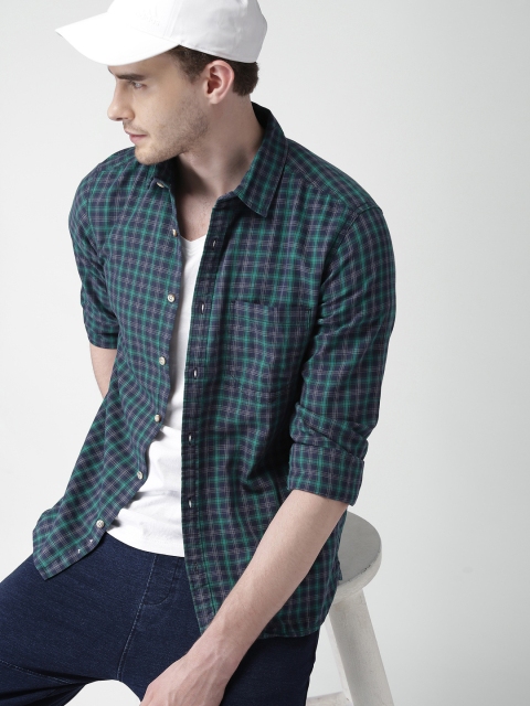 

Harvard Men Navy & Green Slim Fit Checked Casual Shirt, Navy blue