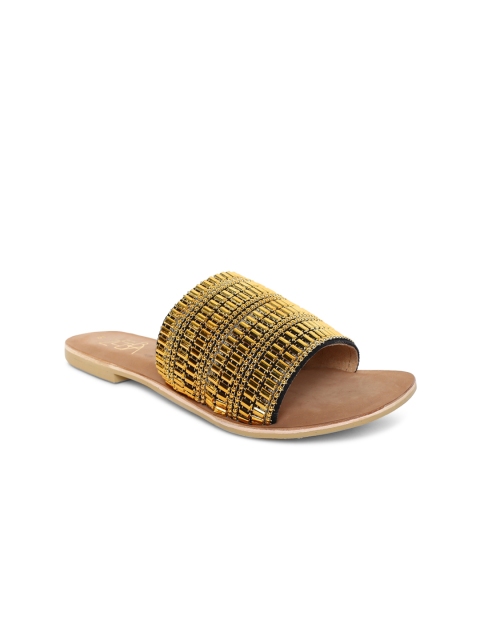 

Zebba Women Gold-Toned Embellished Leather Open Toe Flats