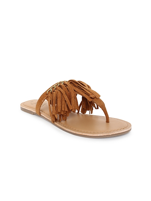

Zebba Women Brown Solid T-Strap Flats with Fringes