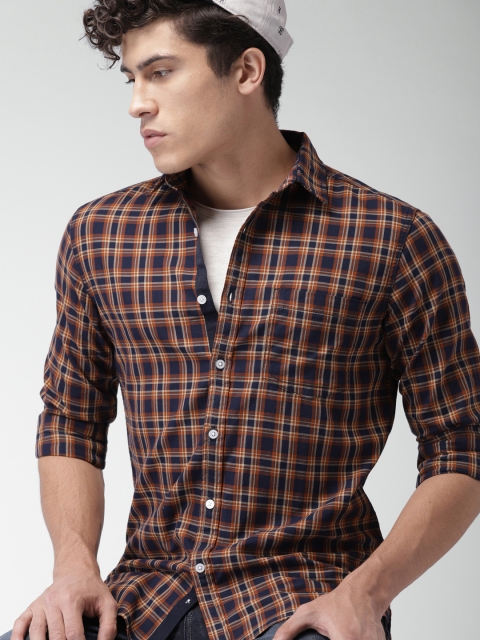 

Harvard Men Rust & Navy Blue Checked Slim Fit Casual Shirt