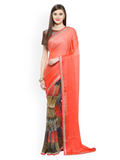 

Shaily Peach-Coloured & Brown Pure Georgette Printed Saree