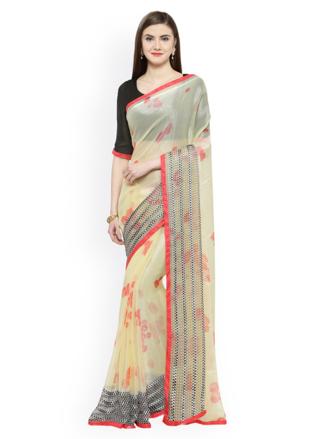 

Shaily Cream-Coloured & Black Silk Blend Printed Saree