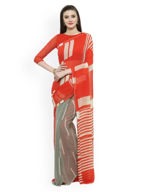 

Shaily Grey & Orange Pure Georgette Printed Saree