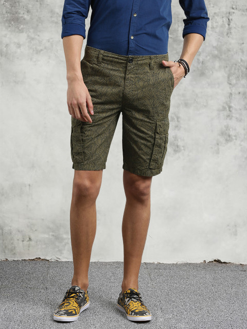 Breakbounce Men Olive Green Printed Slim Fit Regular Shorts Olive male