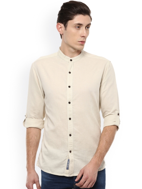 

People Men Beige Slim Fit Solid Casual Shirt