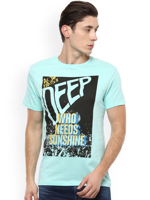 

People Men Sea Green Printed Round Neck T-shirt