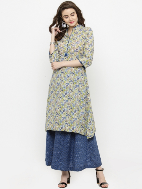 

Sera Women Off-White & Blue Printed Kurta with Skirt