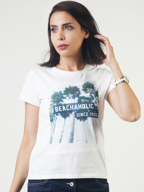 

Blue Saint Women White Printed Round Neck T-shirt