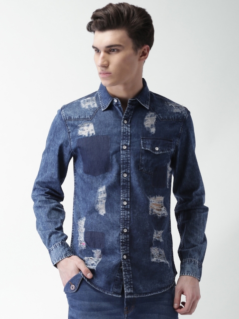 

Blue Saint Men Blue Smart Slim Fit Solid Mildly Distressed Casual Shirt
