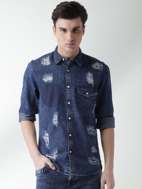 

Blue Saint Men Blue Smart Slim Fit Solid Mildly Distressed Casual Shirt