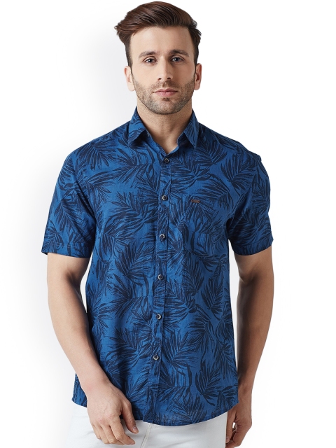 

Crimsoune Club Men Navy Blue Linen Standard Slim Fit Printed Casual Shirt