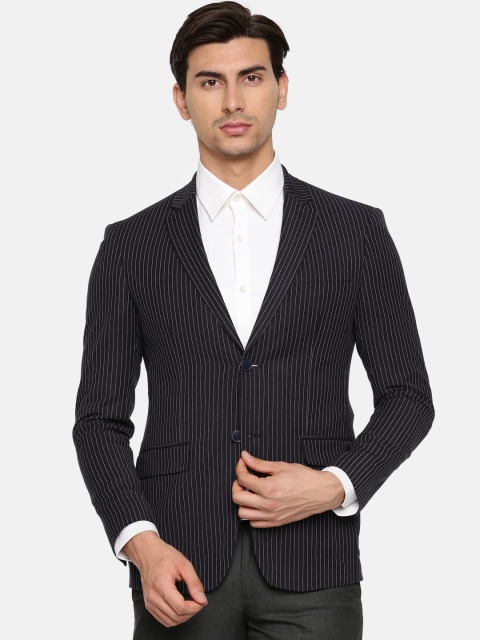 

Peter England Navy Blue & White Striped Single-Breasted Neo Slim Fit Formal Blazer