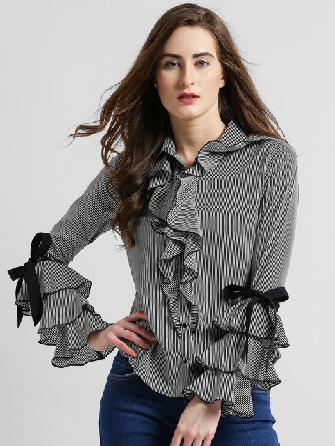 

Texco Women Black & White Regular Fit Striped Casual Shirt