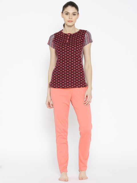 

Sweet Dreams Women Maroon & Coral Orange Printed Night suit