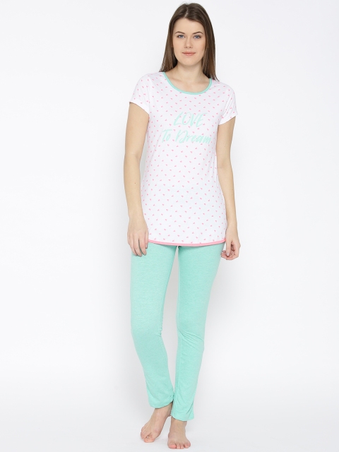 

Sweet Dreams Women White & Mint Green Printed Night Suit