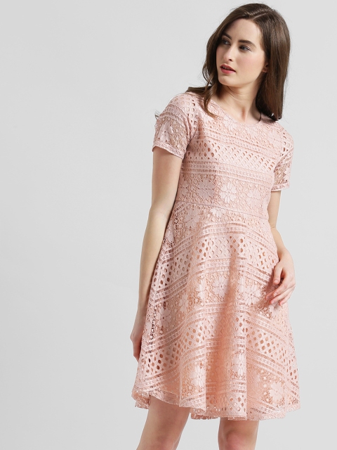 

Zink London Women Peach-Coloured Self Design Fit and Flare Dress