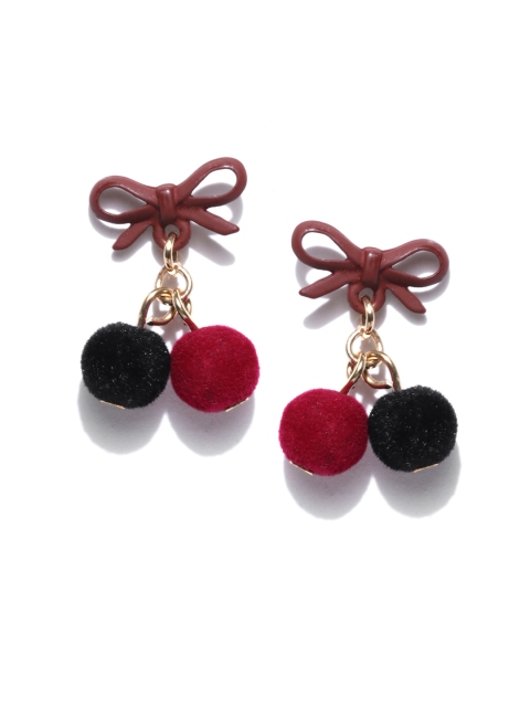 

OOMPH Gold-Toned & Black Spherical Pom-Pom Drop Earrings