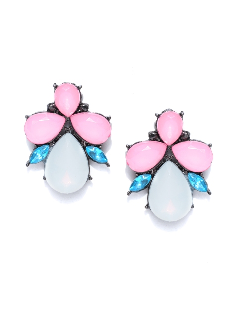 

OOMPH Silver-Toned & Pink Handcrafted Crystal Floral Studs