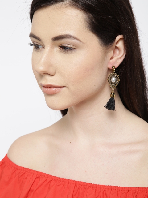 

OOMPH Antique Gold-Toned & Black Tasseled Contemporary Drop Earrings