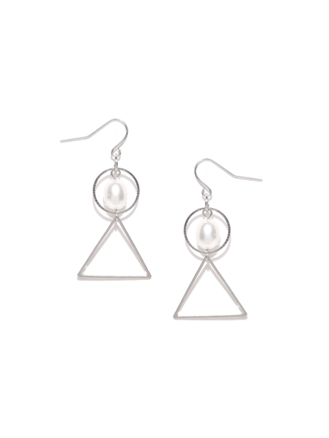 

OOMPH Silver-Toned & White Beaded Handcrafted Geometric Drop Earrings