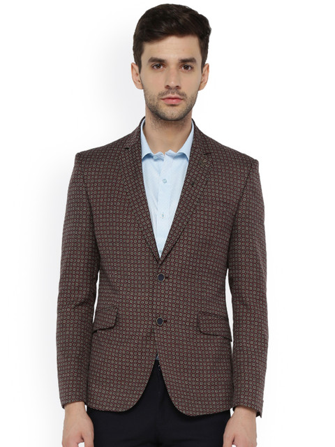 

V Dot Men Brown Printed Super Slim Fit Single Breasted Blazer, Maroon
