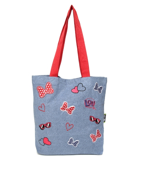

Kanvas Katha Blue & Red Applique Denim Tote Bag