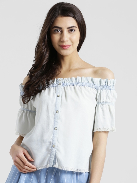 

Zink London Women Blue Solid Bardot Top