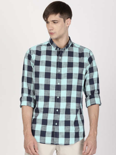 

ether Men Navy & Sea Green Slim Fit Checked Casual Shirt, Navy blue