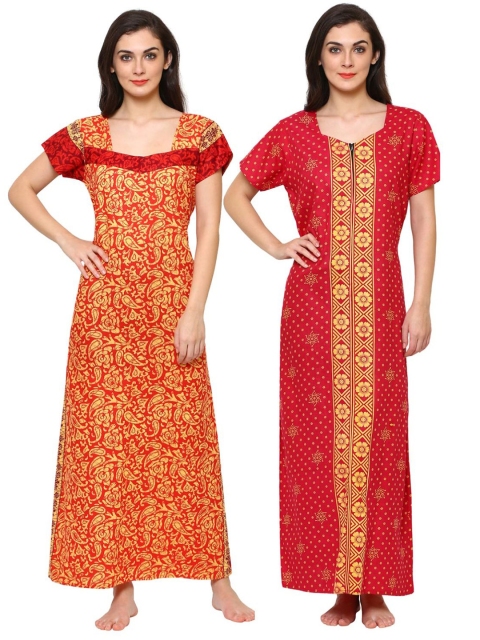 

Klamotten Women Pack Of 2 Cotton Printed Maxi Nightdresses, Orange