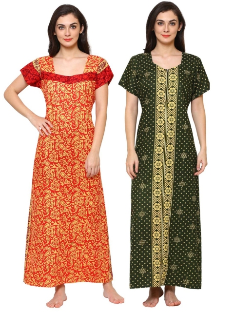 

Klamotten Women Pack Of 2 Cotton Printed Maxi Nightdresses, Orange