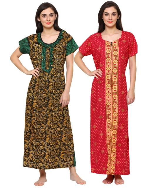 

Klamotten Women Pack Of 2 Cotton Printed Maxi Nightdresses, Black