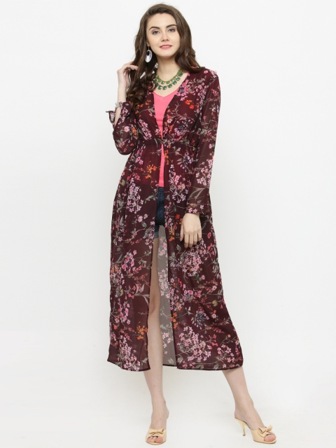 

Sera Maroon & Pink Printed Open Front Shrug