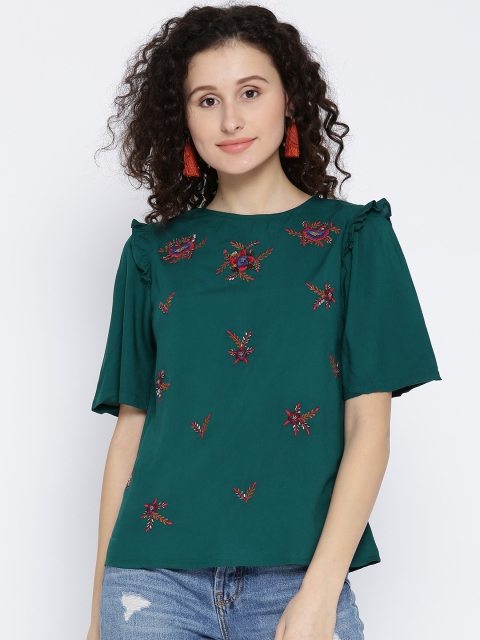 

SCOUP Women Green Floral Embroidered Top