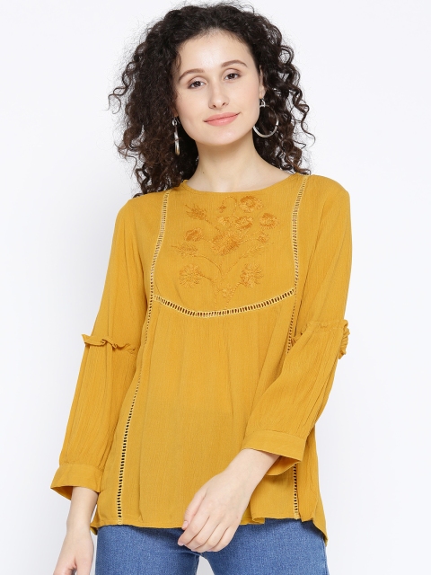 

SCOUP Women Mustard Yellow Solid Embroidered Top