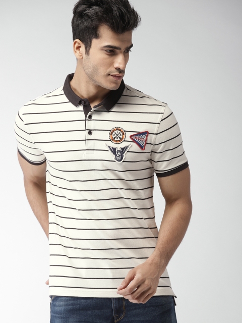 

Levis Men Off-White & Orange Striped Polo Collar T-shirt