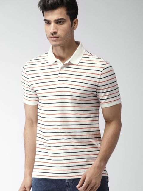 

Levis Men Off-White & Navy Blue Striped Polo Collar T-shirt