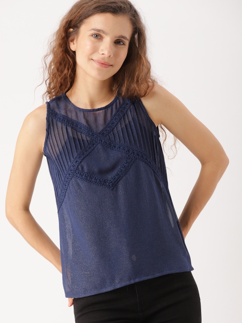 

DressBerry Women Navy Solid A-Line Sheen Top, Navy blue