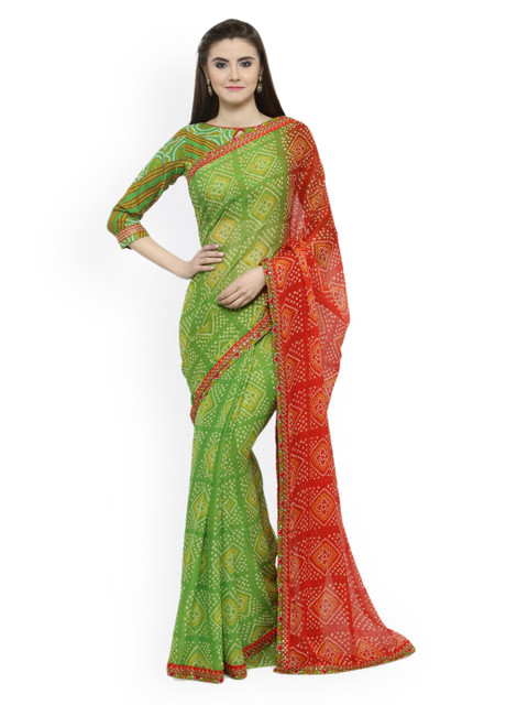 

Shaily Green & Red Pure Chiffon Printed Saree