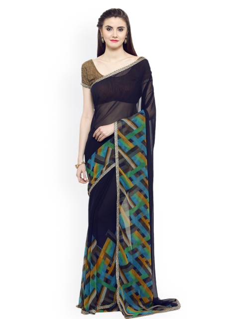 

Shaily Navy & Green Pure Georgette Saree, Navy blue