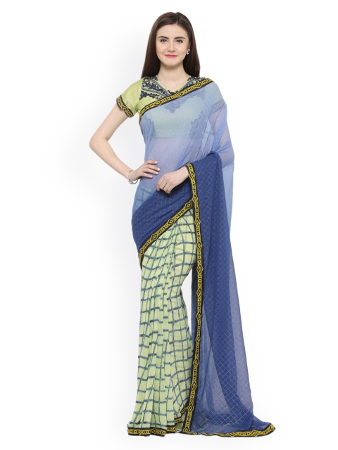 

Shaily Blue & Yellow Pure Georgette Printed Saree