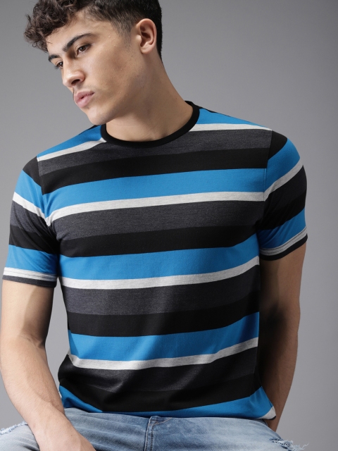 

Moda Rapido Men Black & Blue Striped Round Neck T-shirt