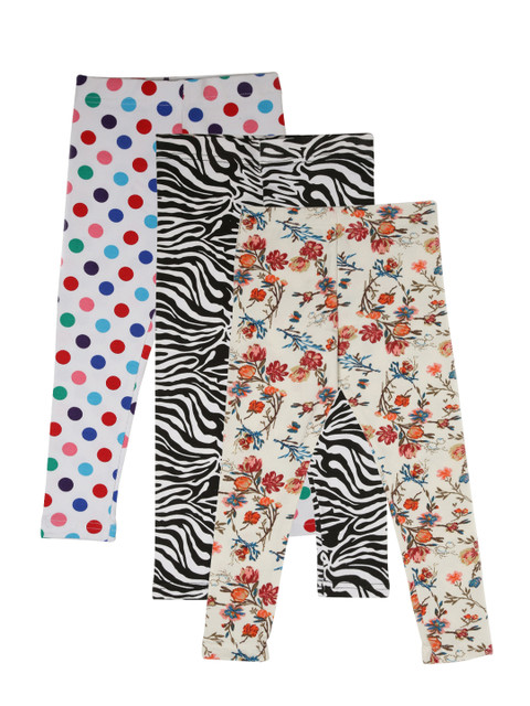 

Lil Orchids Girls White Printed Set of 3 Leggings, Beige