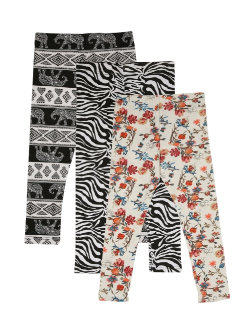 

Lil Orchids Girls White Printed Set of 3 Leggings, Black