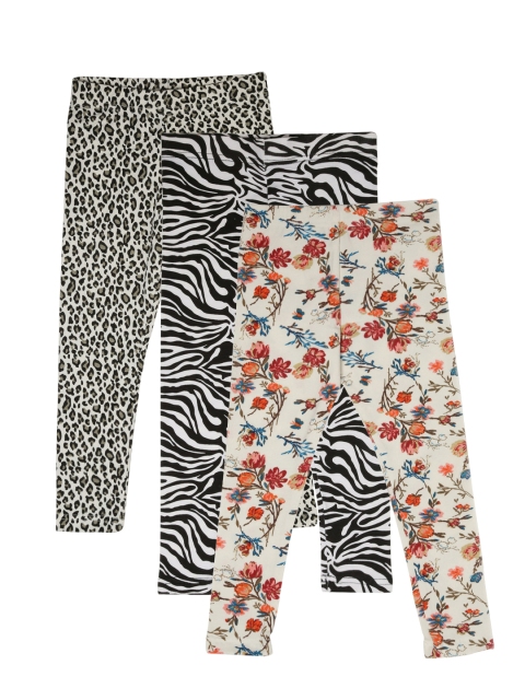 

Lil Orchids Girls White Printed Set of 3 Leggings, Black