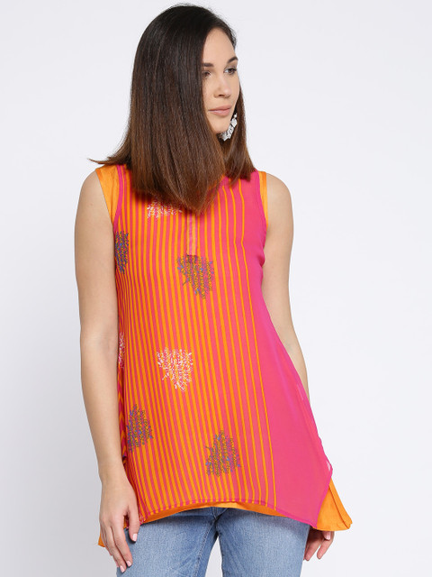 

Rangriti Women Pink & Orange Striped Layered Top
