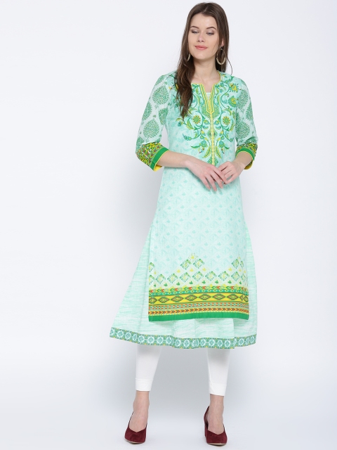

Rangriti Women Green & Off-White Printed Layered A-Line Kurta