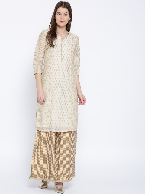 

Rangriti Women Off-White & Golden Printed Straight Kurta