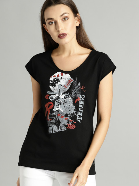 

Roadster Women Black Printed Round Neck T-shirt