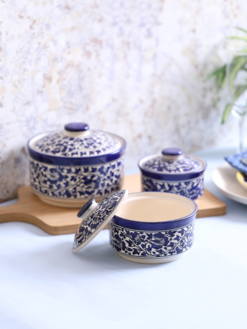 

VarEesha Blue & Off-White Set of 3 Hand Made Blue Stoneware Bowl with Lid