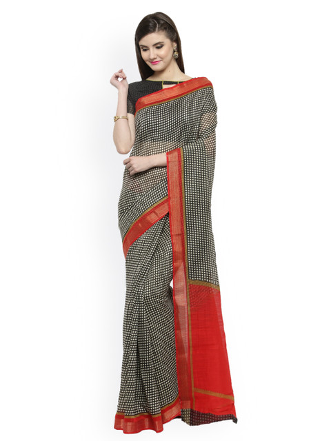 

Shaily Black & Red Silk Cotton Printed Saree